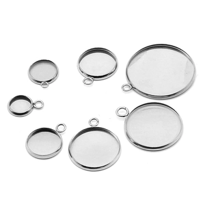 Polished silver stainless steel pendant base trays in seven different sizes for DIY jewelry