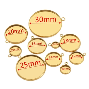 Golden stainless steel round pendant trays for DIY jewelry in sizes 6mm to 30mm