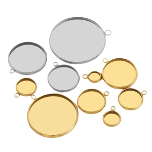 Polished stainless steel round tray pendants in gold and silver for DIY jewelry making