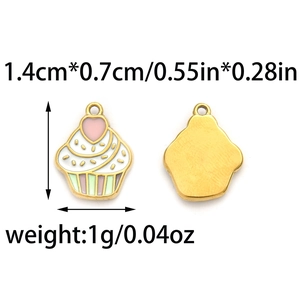 Cute 304 stainless steel cupcake pendants with pink heart and white enamel for DIY jewelry