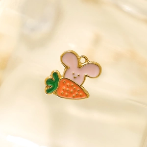 Detailed close-up of a 304 stainless steel cartoon mouse and carrot enamel pendant