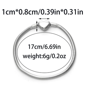 Detailed view of silver 304 stainless steel heart clasp bracelet with 17cm snake chain