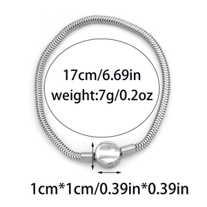 Silver 304 stainless steel snake chain bracelet with size labels, 17cm length and 7g weight