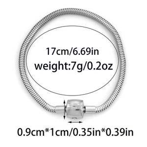 Detailed dimensions of 17cm silver snake chain bracelet with 0.9x1cm barrel clasp