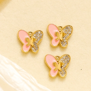 Roze emaille vlinder hangers met strassteentjes en 304 roestvrij staal voor DIY sieraden maken