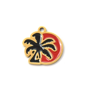Tropischer runder Anhänger mit Vergoldung und rot-schwarzem Palmen-Silhouette-Design