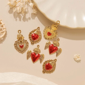 Set of 6 gold Halloween heart wing charms with red enamel for DIY jewelry making