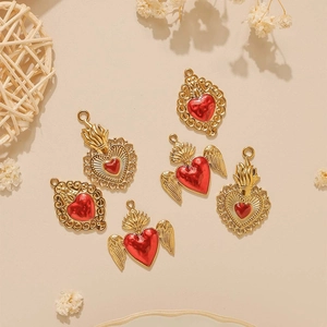Red enamel heart pendants with gold wings in baroque style for DIY jewelry making
