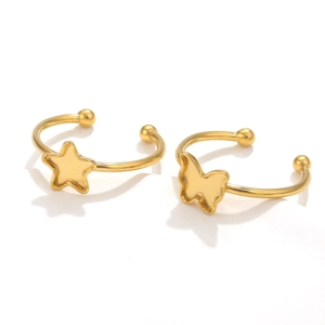 Polished 18K gold stainless steel open rings with star and butterfly motifs