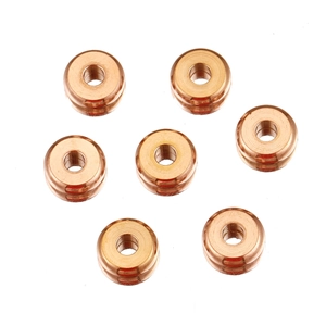 Macro detail of rose gold stainless steel flat spacer beads with polished tiered design