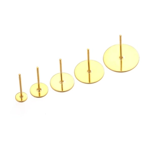 Golden stainless steel earring posts with round flat base in five various sizes