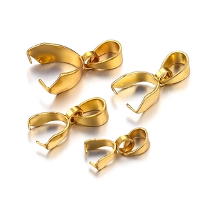 Detailed view of four different sizes of golden stainless steel pinch bails for pendants