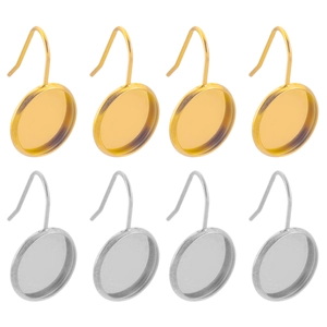 DIY U-shaped ear hooks with round bezel tray in gold and silver stainless steel