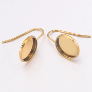 Golden stainless steel U-shaped ear hooks with round bezel settings for DIY jewelry making