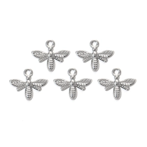Set of five silver stainless steel bee pendants with detailed wings for DIY jewelry making