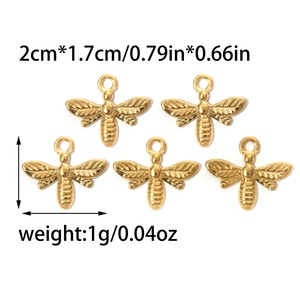 Set of 5 golden bee charms in stainless steel for DIY jewelry making and necklace crafts