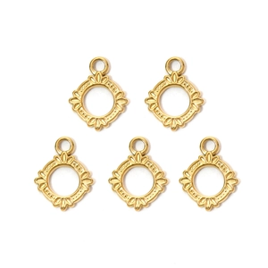 Five gold stainless steel hollow round charms with embossed relief texture for DIY jewelry