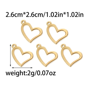 Lot de cinq pendentifs en forme de cœur évidé en acier inoxydable 304 doré