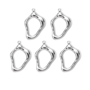 Close-up of five irregular organic silver charms in polished 304 stainless steel