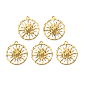 Detailed macro view of 5 golden stainless steel sun pendants with hollow wavy ray design