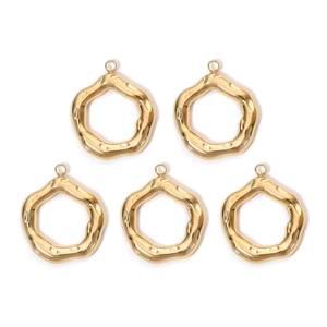 Detailed view of five golden round hollow hammered textured 304 stainless steel pendants