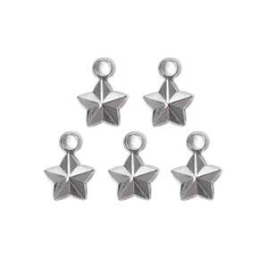 Close-up of five polished 304 stainless steel star charms for DIY jewelry making
