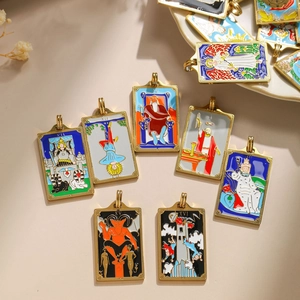 304 Stainless Steel Tarot Card Pendant For Necklace Making Vintage Painted Enamel Major Arcana Rectangular Amulet Charms