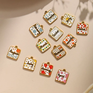 12 Months Birthday Stainless Steel Square Pendant Enamel Cartoon DIY Charm For Necklace Earrings Jewelry Making For Women