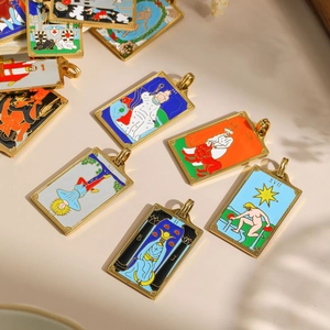 304 stainless steel tarot card pendants with colorful enamel drip oil vintage designs