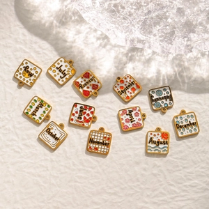 Set of 12 square 304 stainless steel pendants with colorful enamel months for DIY jewelry