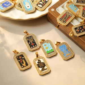 Vintage 304 stainless steel tarot card pendants with enamel icons and sparkling crystals