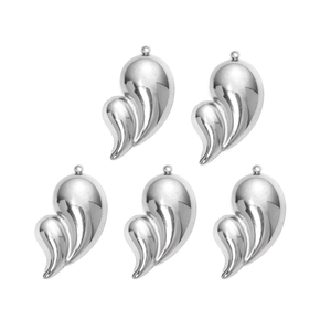 Detailed view of five polished silver water drop pendants with layered metal design