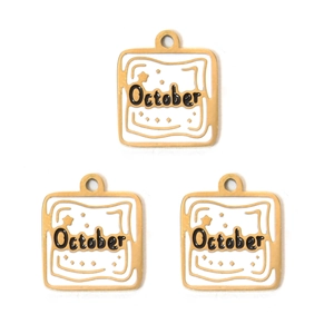 October birthstone cube pendant in 304 stainless steel with white oil drip and gold frame