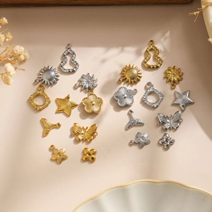 Polished 304 stainless steel geometric charms in sun star and flower shapes for DIY jewelry