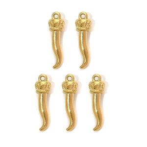 Set of five gold 304 stainless steel Italian horn pendants with crown-shaped tops