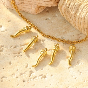 Gold 304 stainless steel necklace featuring five cornicello horn pendants with crown caps