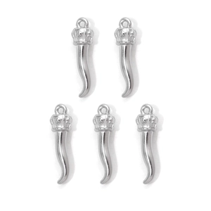 Five silver stainless steel horn pendants with crown tops for jewelry making