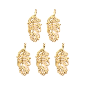 Macro detail of five hollow gold feather pendants made of polished 304 stainless steel