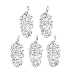 Five pieces of 304 stainless steel hollow feather charms for DIY jewelry and necklaces