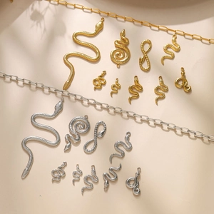 Polished 304 stainless steel snake charms in gold and silver for DIY jewelry making