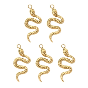 Set of 5 golden snake-shaped 304 stainless steel charms with detailed scale texture