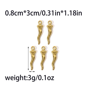 Set of five polished gold 304 stainless steel cornicello horn pendants for DIY jewelry