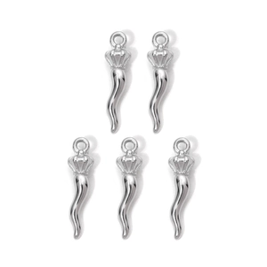 Detailed macro view of 5 silver 304 stainless steel crown cornicello pendants