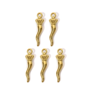 Five gold cornicello horn pendants with crown tops for jewelry making and necklaces