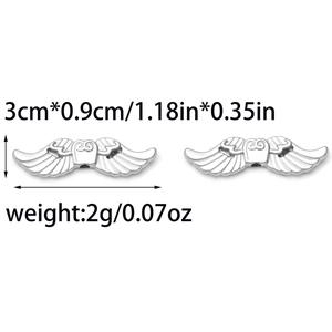 Detailed size view of 304 stainless steel angel wing charms with feather texture