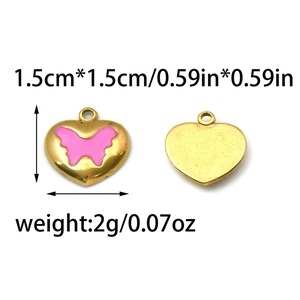 Herzanhänger aus 304 Edelstahl mit rosa Schmetterling für DIY Halsketten und Armbänder