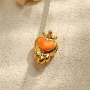 Gold crown heart pendant with orange enamel and side hole for DIY jewelry making