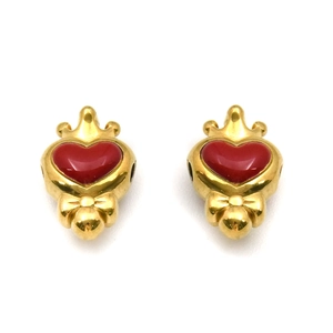 Golden crown beads with heart-shaped red enamel and ribbon for DIY jewelry making