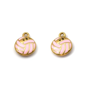 Pair of pink volleyball pendants in gold stainless steel for DIY jewelry making