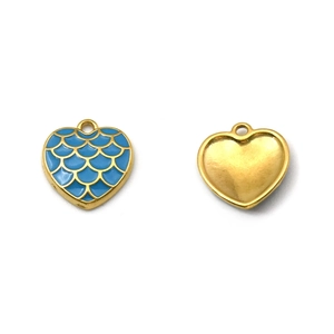 304 stainless steel blue heart charms with fish scale texture and gold plating for DIY